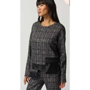 Joseph Ribkoff Knit Top •8• Shirt Faux Leather Black White Plaid Crewneck $288